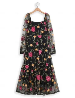 Outlet Women's Dress Maxi Dress Ruffle Embroidered Elegant Square Neck Long Sleeve Color Women Cocktail Dress