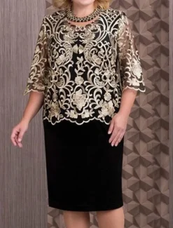 New Women's Black Dress Midi Dress Lace Patchwork Party Casual Crew Neck 3/4 Length Sleeve Gold Gray Color Women Cocktail Dress