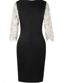 New Women's Black Dress Midi Dress Lace Patchwork Party Casual Crew Neck 3/4 Length Sleeve Gold Gray Color Women Cocktail Dress