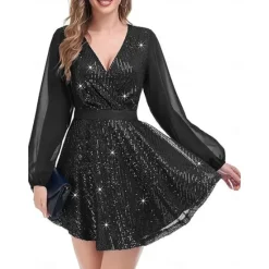 Clearance Women's Dress Mini Dress Sequins Casual V Neck Long Sleeve Color Women Cocktail Dress