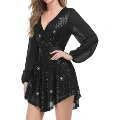 Clearance Women's Dress Mini Dress Sequins Casual V Neck Long Sleeve Color Women Cocktail Dress