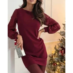 Online Women's Black Dress Mini Dress Sequins Mesh Casual Crew Neck Long Sleeve Black Wine Color Women Cocktail Dress