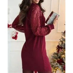 Online Women's Black Dress Mini Dress Sequins Mesh Casual Crew Neck Long Sleeve Black Wine Color Women Cocktail Dress