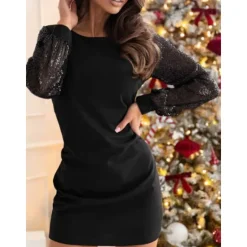 Online Women's Black Dress Mini Dress Sequins Mesh Casual Crew Neck Long Sleeve Black Wine Color Women Cocktail Dress