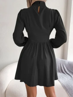 Discount Women's Black Dress Mini Dress Ruched Hollow Out Casual Stand Collar Long Sleeve Black White Wine Color Women Cocktail Dress