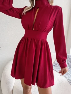 Discount Women's Black Dress Mini Dress Ruched Hollow Out Casual Stand Collar Long Sleeve Black White Wine Color Women Cocktail Dress