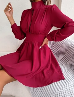 Discount Women's Black Dress Mini Dress Ruched Hollow Out Casual Stand Collar Long Sleeve Black White Wine Color Women Cocktail Dress