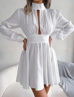 Discount Women's Black Dress Mini Dress Ruched Hollow Out Casual Stand Collar Long Sleeve Black White Wine Color Women Cocktail Dress