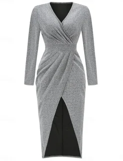 Discount Women's Black Dress Party Dress Wedding Guest Dress Ruched Split V Neck Long Sleeve Formal Winter Dress Silver Black Spring Fall Women Work Dresses