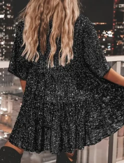Online Women's Black Dress Sequin Dress Party Dress Sequins Glitter Crew Neck Half Sleeve Mini Dress Wedding Guest Silver Rose Gold Spring Fall Women Casual Dress