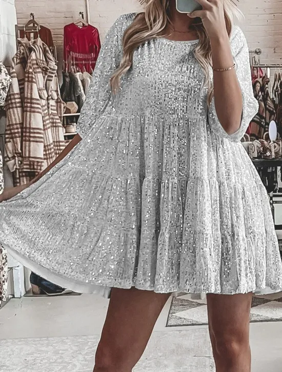 Online Women's Black Dress Sequin Dress Party Dress Sequins Glitter Crew Neck Half Sleeve Mini Dress Wedding Guest Silver Rose Gold Spring Fall Women Casual Dress