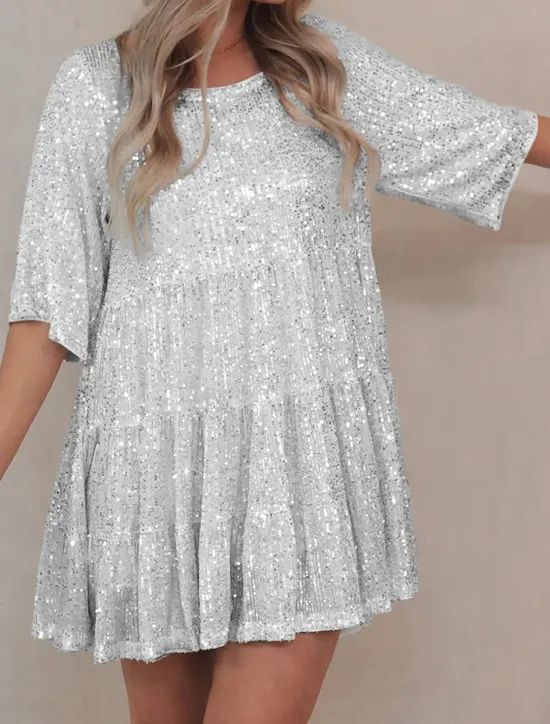 Online Women's Black Dress Sequin Dress Party Dress Sequins Glitter Crew Neck Half Sleeve Mini Dress Wedding Guest Silver Rose Gold Spring Fall Women Casual Dress