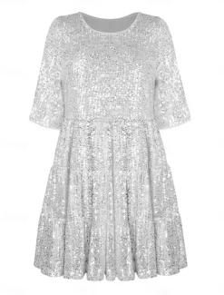 Online Women's Black Dress Sequin Dress Party Dress Sequins Glitter Crew Neck Half Sleeve Mini Dress Wedding Guest Silver Rose Gold Spring Fall Women Casual Dress