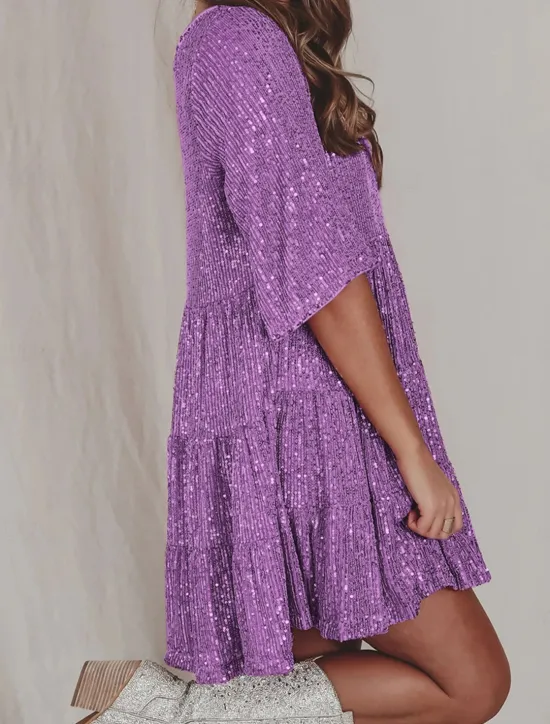 Online Women's Black Dress Sequin Dress Party Dress Sequins Glitter Crew Neck Half Sleeve Mini Dress Wedding Guest Silver Rose Gold Spring Fall Women Casual Dress
