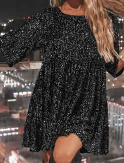 Online Women's Black Dress Sequin Dress Party Dress Sequins Glitter Crew Neck Half Sleeve Mini Dress Wedding Guest Silver Rose Gold Spring Fall Women Casual Dress