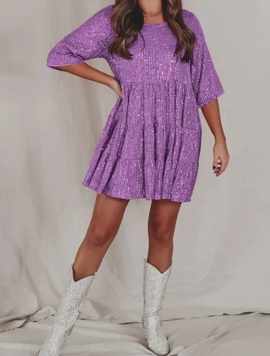 Online Women's Black Dress Sequin Dress Party Dress Sequins Glitter Crew Neck Half Sleeve Mini Dress Wedding Guest Silver Rose Gold Spring Fall Women Casual Dress