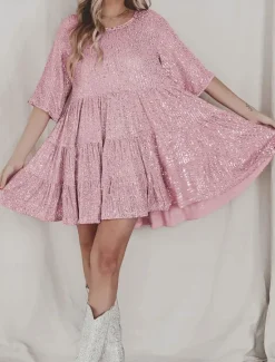 Online Women's Black Dress Sequin Dress Party Dress Sequins Glitter Crew Neck Half Sleeve Mini Dress Wedding Guest Silver Rose Gold Spring Fall Women Casual Dress
