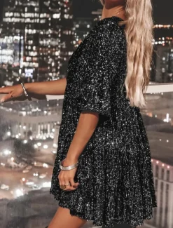 Online Women's Black Dress Sequin Dress Party Dress Sequins Glitter Crew Neck Half Sleeve Mini Dress Wedding Guest Silver Rose Gold Spring Fall Women Casual Dress