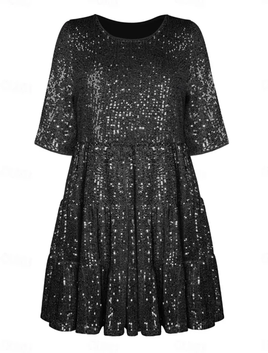 Online Women's Black Dress Sequin Dress Party Dress Sequins Glitter Crew Neck Half Sleeve Mini Dress Wedding Guest Silver Rose Gold Spring Fall Women Casual Dress