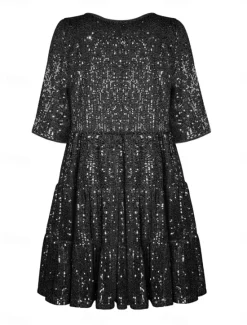 Online Women's Black Dress Sequin Dress Party Dress Sequins Glitter Crew Neck Half Sleeve Mini Dress Wedding Guest Silver Rose Gold Spring Fall Women Casual Dress