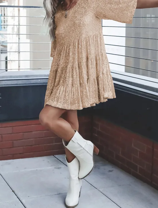Online Women's Black Dress Sequin Dress Party Dress Sequins Glitter Crew Neck Half Sleeve Mini Dress Wedding Guest Silver Rose Gold Spring Fall Women Casual Dress