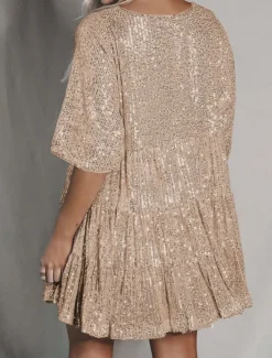 Online Women's Black Dress Sequin Dress Party Dress Sequins Glitter Crew Neck Half Sleeve Mini Dress Wedding Guest Silver Rose Gold Spring Fall Women Casual Dress