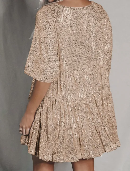 Online Women's Black Dress Sequin Dress Party Dress Sequins Glitter Crew Neck Half Sleeve Mini Dress Wedding Guest Silver Rose Gold Spring Fall Women Casual Dress