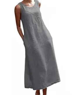 Women's Black Gray Summer Spring Maxi Dress Cotton Linen Dresses Casual Dress Cotton Summer Dress Stylish Basic Modern Outdoor Vacation Holiday Loose Fit Pure Color Crew Neck Women Dresses
