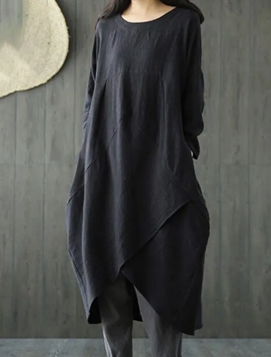 Clearance Women's Black Green Gray Summer Spring Fall Maxi Dress Linen-Inspired Dresses Casual Dress Layered Dress Casual Winter Dress Daily Going out Loose Fit Pure Color Crew Neck Women Dresses