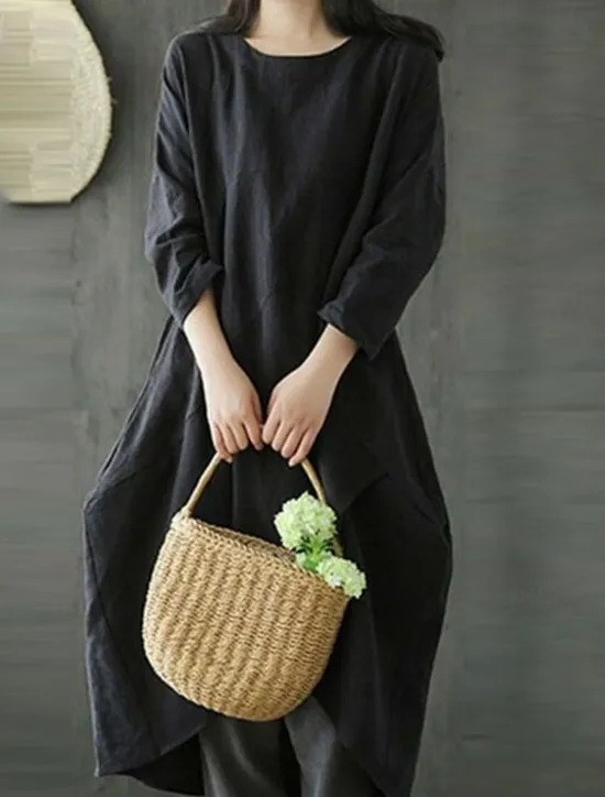 Clearance Women's Black Green Gray Summer Spring Fall Maxi Dress Linen-Inspired Dresses Casual Dress Layered Dress Casual Winter Dress Daily Going out Loose Fit Pure Color Crew Neck Women Dresses
