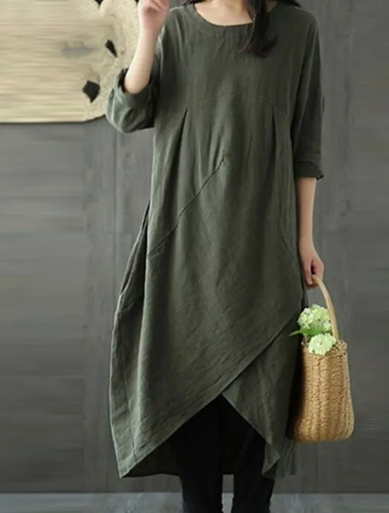 Clearance Women's Black Green Gray Summer Spring Fall Maxi Dress Linen-Inspired Dresses Casual Dress Layered Dress Casual Winter Dress Daily Going out Loose Fit Pure Color Crew Neck Women Dresses