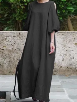 New Women's Black Light Purple khaki Summer Spring Fall Maxi Dress Cotton Linen Dresses Black Dress Vintage Dress Elegant Bohemia Fashion Puff Balloon Sleeve Vacation Office Dailywear Loose Fit Crew Neck Women Dresses