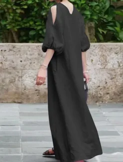 New Women's Black Light Purple khaki Summer Spring Fall Maxi Dress Cotton Linen Dresses Black Dress Vintage Dress Elegant Bohemia Fashion Puff Balloon Sleeve Vacation Office Dailywear Loose Fit Crew Neck Women Dresses
