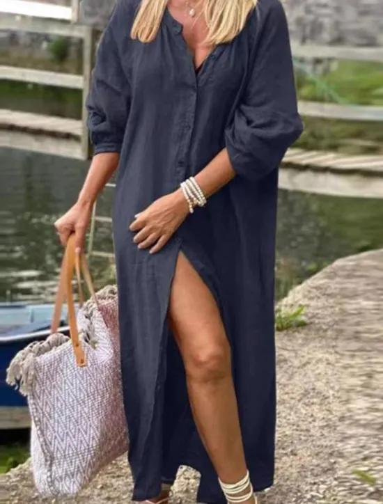 Sale Women's Black Navy Blue Brown Summer Spring Maxi Dress Cotton Linen Dresses Casual Dress Basic Modern Daily Weekend Loose Fit Plain V Neck Women Dresses