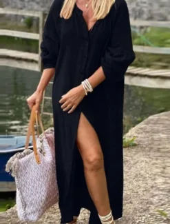 Sale Women's Black Navy Blue Brown Summer Spring Maxi Dress Cotton Linen Dresses Casual Dress Basic Modern Daily Weekend Loose Fit Plain V Neck Women Dresses