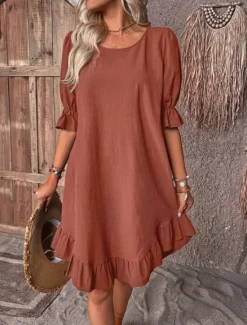 Discount Women's Black Red Navy Blue Summer Spring Midi Dress Linen-Inspired Dresses Cotton Linen Dress Cotton Summer Dress Casual Vacation Daily Loose Fit Plain Crew Neck Women Dresses
