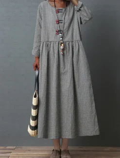 Outlet Women's Spring Fall Long Dress Maxi Dress Linen-Inspired Dresses Casual Dress Cotton Linen Dress Basic Casual Outdoor Daily Weekend Loose Fit Plaid Crew Neck Women Dresses