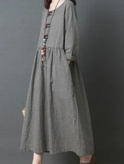 Outlet Women's Spring Fall Long Dress Maxi Dress Linen-Inspired Dresses Casual Dress Cotton Linen Dress Basic Casual Outdoor Daily Weekend Loose Fit Plaid Crew Neck Women Dresses