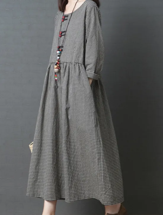 Outlet Women's Spring Fall Long Dress Maxi Dress Linen-Inspired Dresses Casual Dress Cotton Linen Dress Basic Casual Outdoor Daily Weekend Loose Fit Plaid Crew Neck Women Dresses