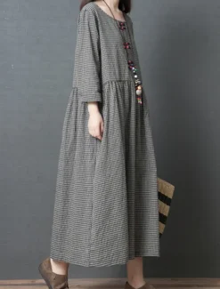 Outlet Women's Spring Fall Long Dress Maxi Dress Linen-Inspired Dresses Casual Dress Cotton Linen Dress Basic Casual Outdoor Daily Weekend Loose Fit Plaid Crew Neck Women Dresses