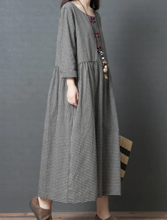 Outlet Women's Spring Fall Long Dress Maxi Dress Linen-Inspired Dresses Casual Dress Cotton Linen Dress Basic Casual Outdoor Daily Weekend Loose Fit Plaid Crew Neck Women Dresses