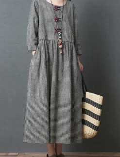 Outlet Women's Spring Fall Long Dress Maxi Dress Linen-Inspired Dresses Casual Dress Cotton Linen Dress Basic Casual Outdoor Daily Weekend Loose Fit Plaid Crew Neck Women Dresses