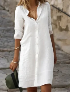 Best Women's Black White Blue Summer Spring Mini Dress Cotton Linen Dresses Shirt Dress White Cotton Dress Vacation Basic Modern Daily Weekend Loose Fit Plain Shirt Collar Women Dresses|White Dresses