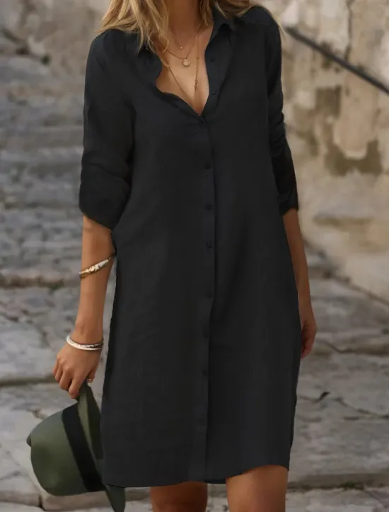 Best Women's Black White Blue Summer Spring Mini Dress Cotton Linen Dresses Shirt Dress White Cotton Dress Vacation Basic Modern Daily Weekend Loose Fit Plain Shirt Collar Women Dresses|White Dresses