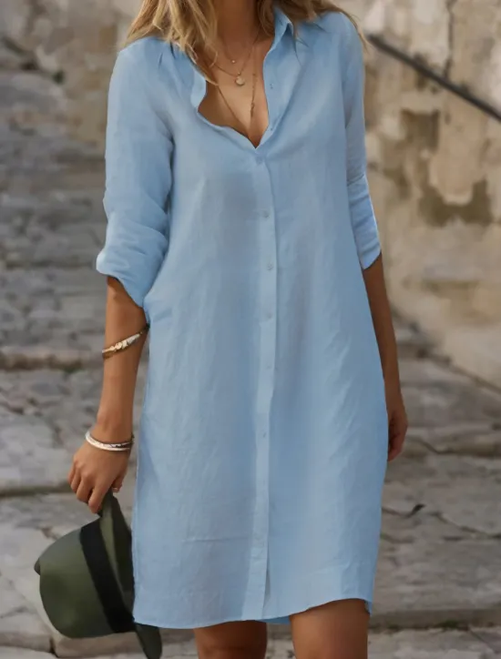Best Women's Black White Blue Summer Spring Mini Dress Cotton Linen Dresses Shirt Dress White Cotton Dress Vacation Basic Modern Daily Weekend Loose Fit Plain Shirt Collar Women Dresses|White Dresses