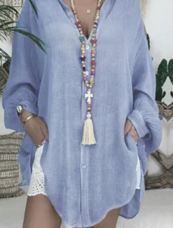 Women's Black White Blue Summer Spring Fall Mini Dress Linen-Inspired Dresses White Dress Shirt Dress Casual Outdoor Vacation Daily Loose Fit Pure Color Shirt Collar Women Dresses