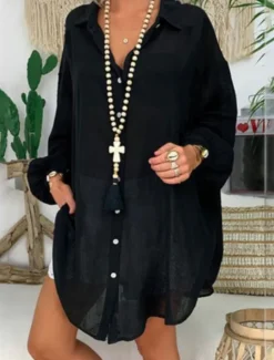 Women's Black White Blue Summer Spring Fall Mini Dress Linen-Inspired Dresses White Dress Shirt Dress Casual Outdoor Vacation Daily Loose Fit Pure Color Shirt Collar Women Dresses