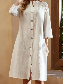 Hot Women's Black White Green Summer Spring Fall Midi Dress Linen-Inspired Dresses Shirt Dress Casual Dress Fashion Basic Casual Outdoor Daily Regular Fit Plain Shirt Collar Women Dresses
