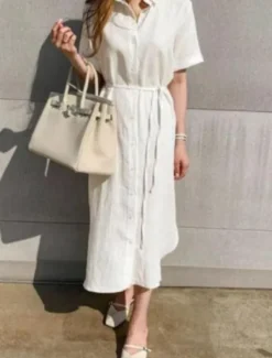 Discount Women's Black White khaki Summer Spring Maxi Dress White Dress Shirt Dress Cotton Linen Dress Basic Modern Casual Daily Weekend Loose Fit Plain Shirt Collar Women White Dresses