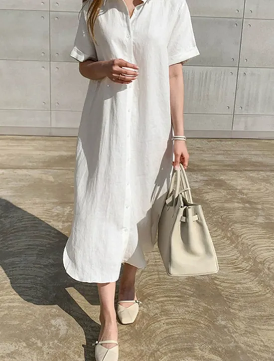 Discount Women's Black White khaki Summer Spring Maxi Dress White Dress Shirt Dress Cotton Linen Dress Basic Modern Casual Daily Weekend Loose Fit Plain Shirt Collar Women White Dresses